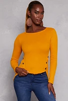 Womens Waffle Knit Side Button High Low Top, Yellow, Size XL