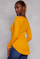 Womens Waffle Knit Side Button High Low Top, Yellow, Size XL