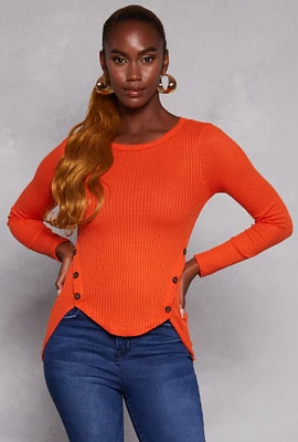 Womens Waffle Knit Side Button High Low Top, Orange, Size S