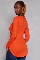 Womens Waffle Knit Side Button High Low Top, Orange, Size S