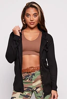 Womens Hooded Waffle Knit Button Front Shirt, Black, Size M