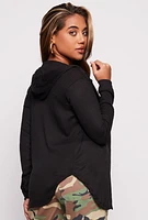 Womens Hooded Waffle Knit Button Front Shirt, Black, Size M