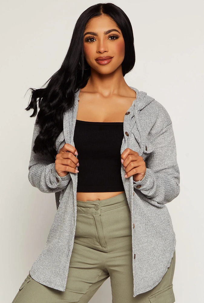 Womens Hooded Waffle Knit Button Front Shirt, Grey, Size M