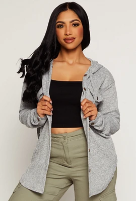 Womens Hooded Waffle Knit Button Front Shirt, Grey, Size S