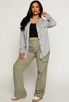 Womens Hooded Waffle Knit Button Front Shirt, Grey, Size M
