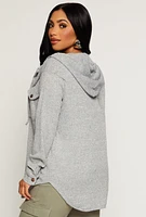 Womens Hooded Waffle Knit Button Front Shirt, Grey, Size M