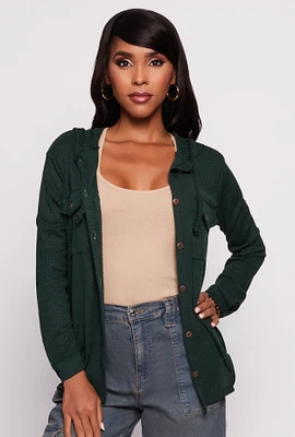 Womens Hooded Waffle Knit Button Front Shirt, Green, Size S