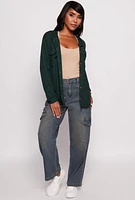 Womens Hooded Waffle Knit Button Front Shirt, Green, Size S