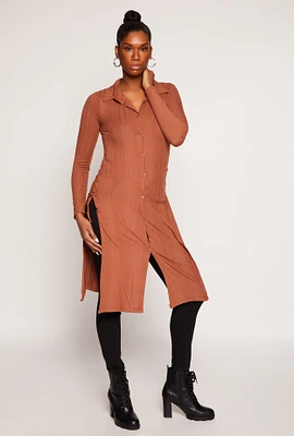 Womens Ribbed Knit Button Front Lace Up Maxi Top, Brown, Size S