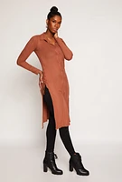 Womens Ribbed Knit Button Front Lace Up Maxi Top, Brown, Size S