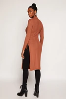Womens Ribbed Knit Button Front Lace Up Maxi Top, Brown, Size S