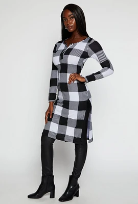 Womens Plaid Side Slit Long Sleeve Tunic Top, Multi, Size M