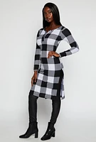 Womens Plaid Side Slit Long Sleeve Tunic Top, Multi, Size M
