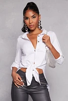 Womens Tie Button Front Shirt, White, Size M