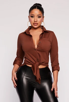 Womens Tie Button Front Shirt, Brown, Size S