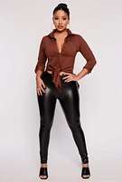 Womens Tie Button Front Shirt, Brown, Size S
