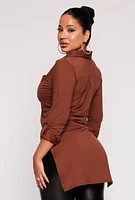 Womens Tie Button Front Shirt, Brown, Size S