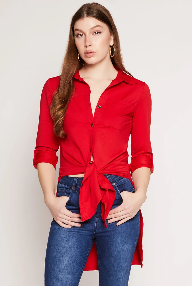 Womens Tie Button Front Shirt, Red, Size L