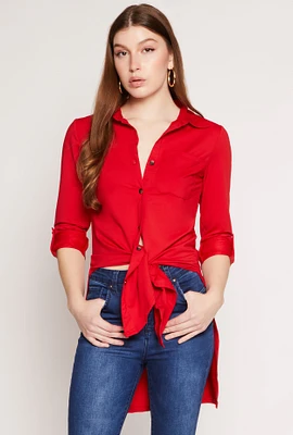 Womens Tie Button Front Shirt, Red, Size L