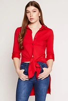 Womens Tie Button Front Shirt, Red, Size L