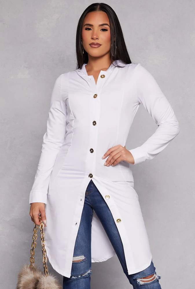 Womens Button Front Hooded Tunic Top, White, Size S