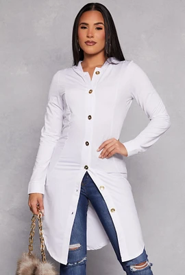 Womens Button Front Hooded Tunic Top, White, Size S