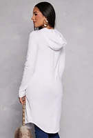 Womens Button Front Hooded Tunic Top, White, Size S