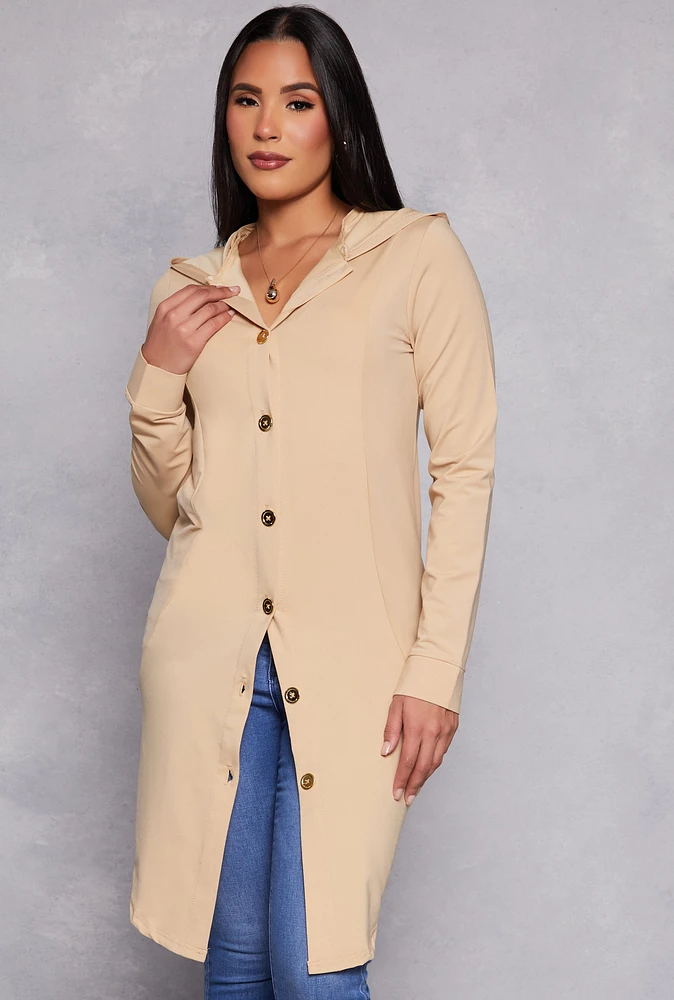 Womens Button Front Hooded Tunic Top, Beige, Size S