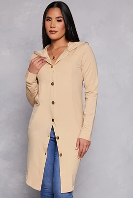 Womens Button Front Hooded Tunic Top, Beige, Size S