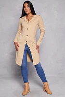 Womens Button Front Hooded Tunic Top, Beige, Size S