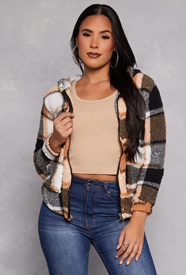 Womens Sherpa Plaid Zip Front Hoodie, Brown, Size M