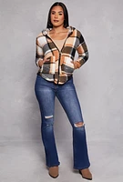 Womens Sherpa Plaid Zip Front Hoodie, Brown, Size M
