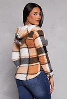 Womens Sherpa Plaid Zip Front Hoodie, Brown, Size M