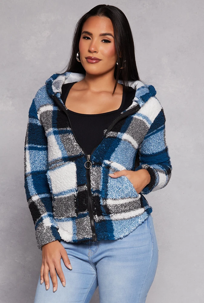 Womens Sherpa Plaid Zip Front Hoodie,