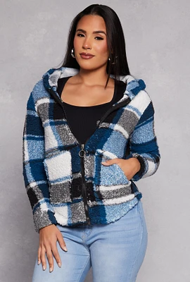 Womens Sherpa Plaid Zip Front Hoodie,