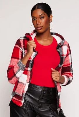 Womens Sherpa Plaid Zip Front Hoodie, Red,