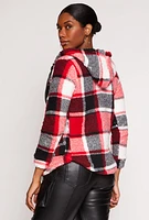 Womens Sherpa Plaid Zip Front Hoodie, Red,