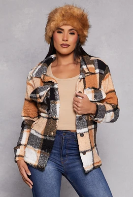 Womens Plaid Sherpa Button Front Shacket, Brown, Size L