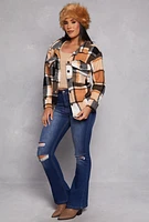 Womens Plaid Sherpa Button Front Shacket, Brown, Size L