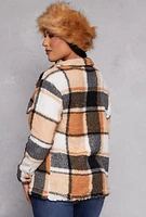 Womens Plaid Sherpa Button Front Shacket, Brown, Size L