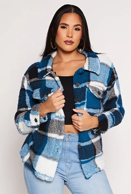 Womens Plaid Sherpa Button Front Shacket,