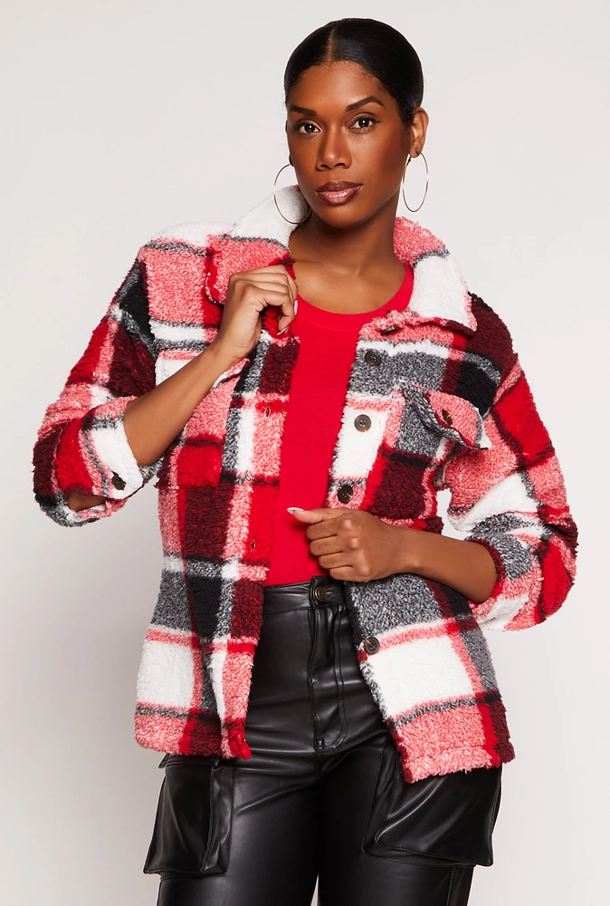 Womens Plaid Sherpa Button Front Shacket, Red, Size XL