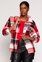 Womens Plaid Sherpa Button Front Shacket, Red, Size XL