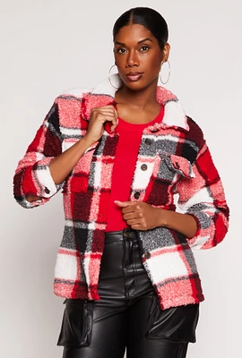 Womens Plaid Sherpa Button Front Shacket, Red, Size L