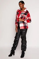 Womens Plaid Sherpa Button Front Shacket, Red, Size S