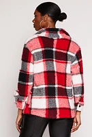 Womens Plaid Sherpa Button Front Shacket, Red, Size S