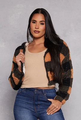 Womens Buffalo Plaid Zip Front Hooded Cropped Jacket, Brown, Size L