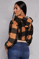 Womens Buffalo Plaid Zip Front Hooded Cropped Jacket, Brown, Size L
