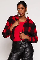 Womens Buffalo Plaid Zip Front Hooded Cropped Jacket, Red, Size M