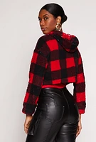 Womens Buffalo Plaid Zip Front Hooded Cropped Jacket, Red, Size M